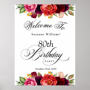 Boho Rustic Watercolor Floral 80th Birthday Party Poster