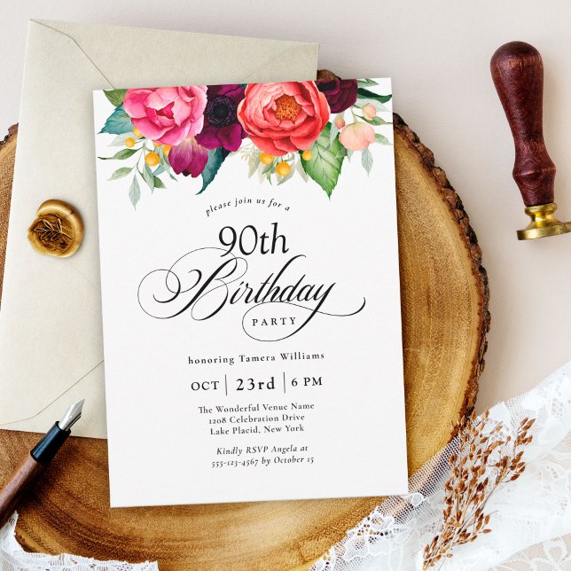Boho Rustic Watercolor Floral 90th Birthday Party Invitation (Creator Uploaded)