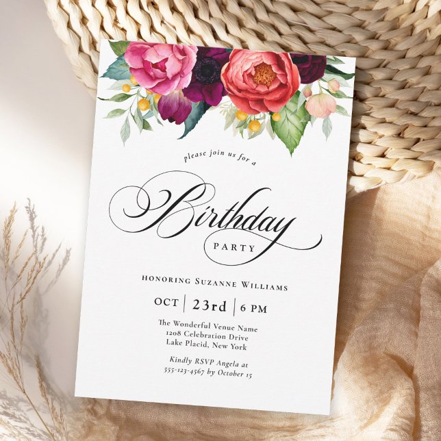 Boho Rustic Watercolor Floral Birthday Party Invitation (Available in both printed and instant download digital formats.)