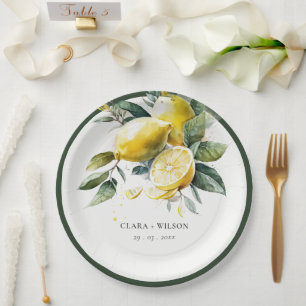 Boho Rustic Watercolor Yellow Lemon Garden Wedding Paper Plate