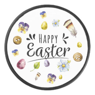 Boho Rustic Watercolour Colourful Happy Easter Hockey Puck