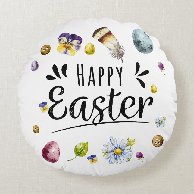 Boho Rustic Watercolour Colourful Happy Easter Round Cushion (Front)