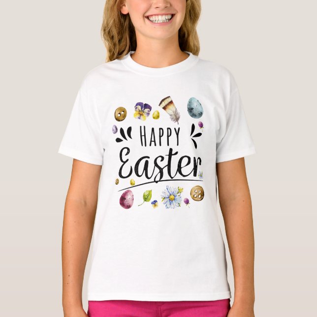 Boho Rustic Watercolour Colourful Happy Easter T-Shirt (Front)