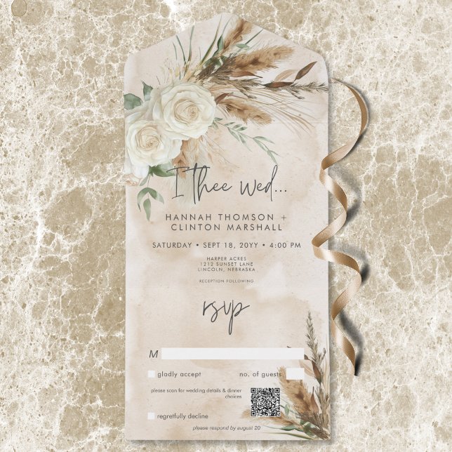 Boho Rustic White Roses & Pampas Wedding QR Code All In One Invitation (Boho Rustic White Roses & Pampas Wedding QR Code All In One Invitation)