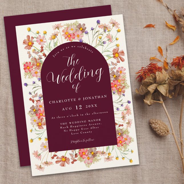 Boho Rustic Wildflower Burgundy Wedding Invitation (Boho wildflower burgundy wedding invitation Watercolor florals elegant modern script )