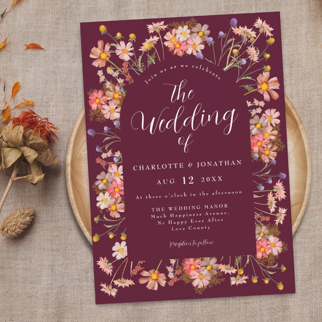 Boho Rustic Wildflower Burgundy Wedding Invitation (Boho wildflower rustic burgundy wedding invitation Elegant modern script watercolor florals)