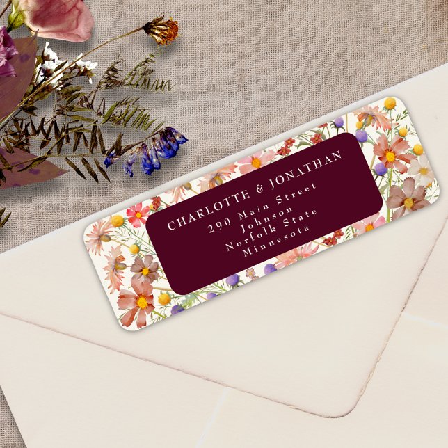 Boho Rustic Wildflower Floral Burgundy Wedding (Boho fall rustic wildflower floral burgundy burnt orange ivory cream wedding return address label )