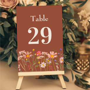 Boho Rustic Wildflower Floral Burnt Orange Wedding Table Number