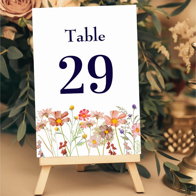 Boho Rustic Wildflower Floral Navy Blue Wedding Table Number (Boho fall wildflower meadow floral navy blue and white wedding table number card Elegant modern )