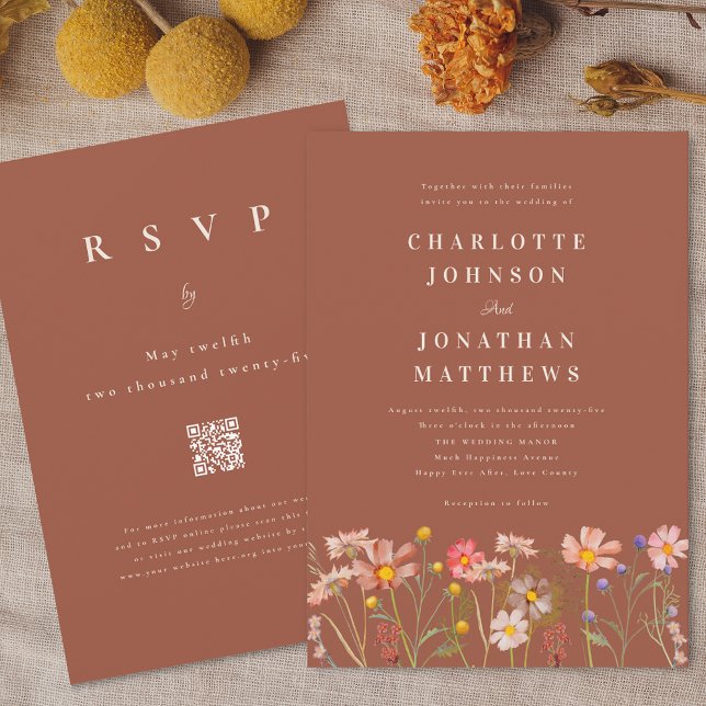 Boho Rustic Wildflower Terracotta Beige Wedding Invitation (Boho wildflower rustic burnt orange terracotta fall wedding invitation with qr code)