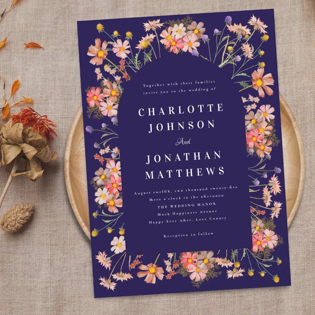 Boho Rustic Wildflowers Navy Blue Wedding Invitation (rustic floral arch elegant navy blue fall wedding invitation Watercolor wild flowers modern stylish )