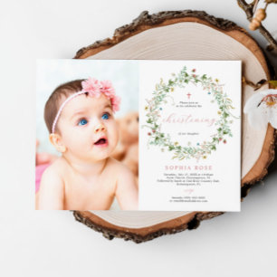 Boho Rustic Wildflowers Photo Christening Invitation