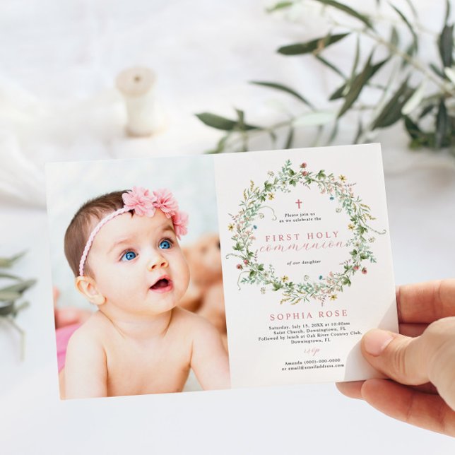 Boho Rustic Wildflowers Photo First Holy Communion Invitation (Creator Uploaded)