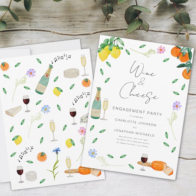 Boho Rustic Wine and Cheese Engagement Party Invitation (Wine and cheese chic boho floral watercolor engagement party invitation)