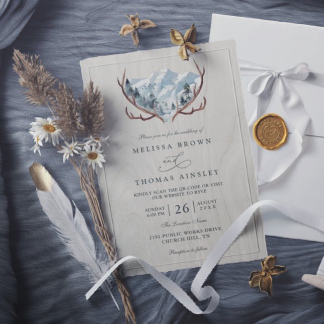 Boho Rustic Wood Antlers Mountain QR Code Wedding Invitation (Creator Uploaded)