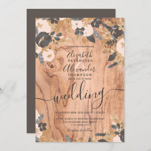 Boho rustic wood brown cotton pampas wedding invitation