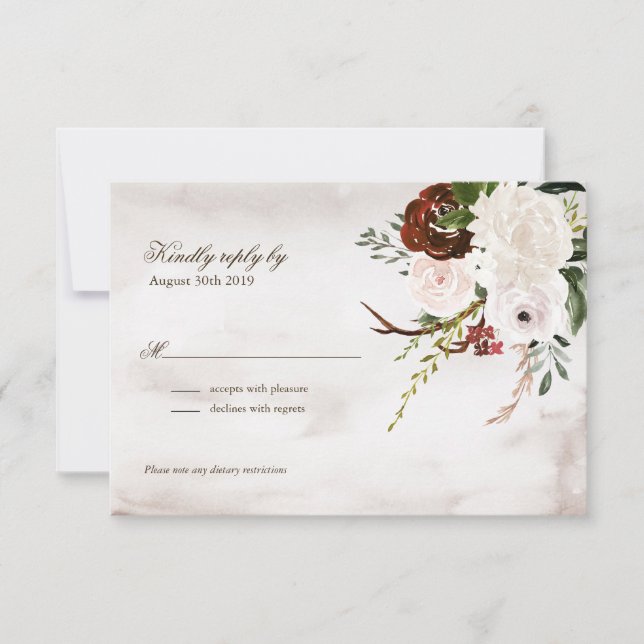 Boho Rustic Wood & Floral Burgundy Rose Wedding RSVP Card (Front)
