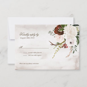 Boho Rustic Wood & Floral Burgundy Rose Wedding RSVP Card