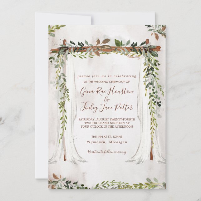 Boho Rustic Wood & Greenery Arch Canopy Wedding Invitation (Front)