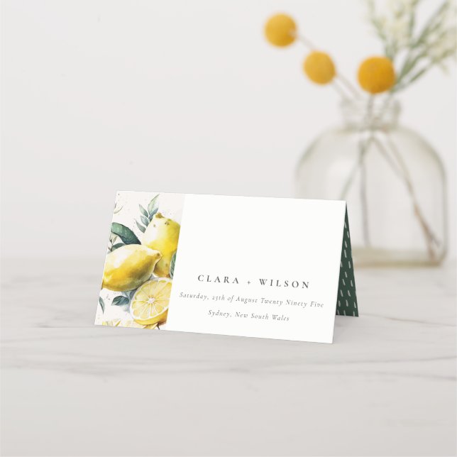 Boho Rustic Yellow Lemon Garden Watercolor Wedding Place Card (Front)