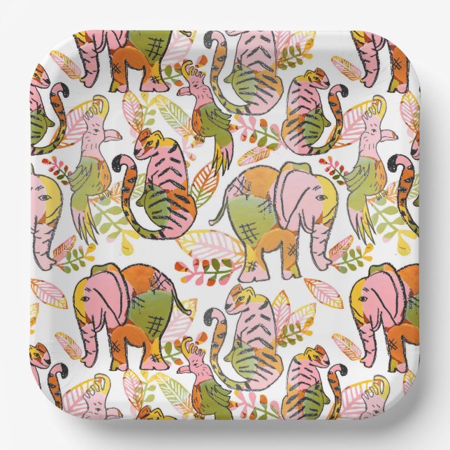Boho Safari Animals Jungle Leaves Tween Birthday Paper Plate (Front)
