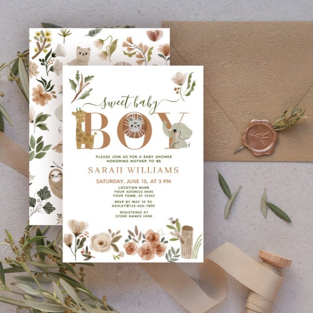 Boho Safari Animals Sweet Baby Boy Baby Shower Invitation (Creator Uploaded)
