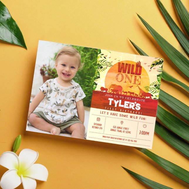 Boho Safari Animals Wild One Photo 1st Birthday Invitation (Creator Uploaded)