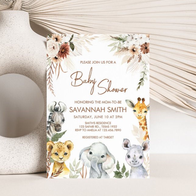 Boho Safari Baby Shower  Invitation (Boho Safari Animals Baby Shower Invitation)