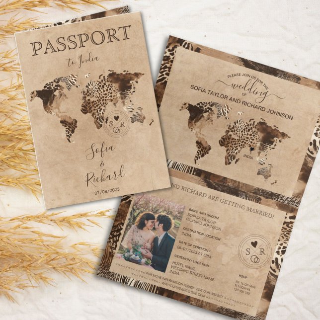 Boho Safari Leopard Wedding Passport World Map Invitation (safari leopard world map passport wedding illustration)