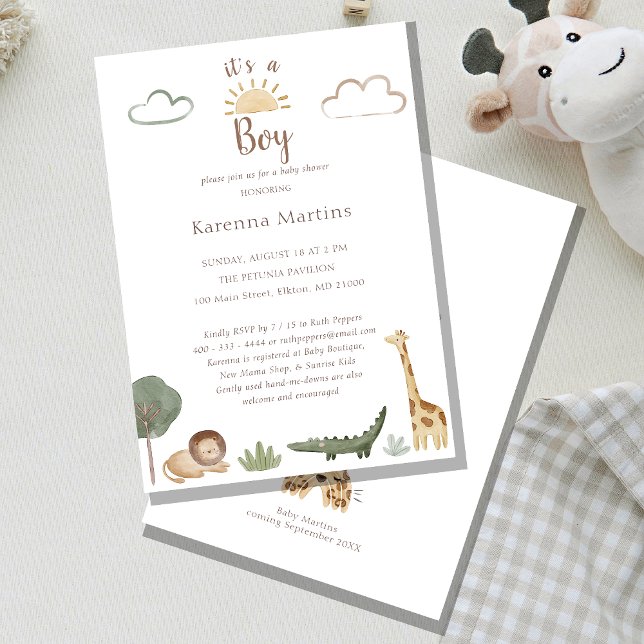 Boho Safari Watercolor It's a Boy Baby Shower Invitation (Creator Uploaded)