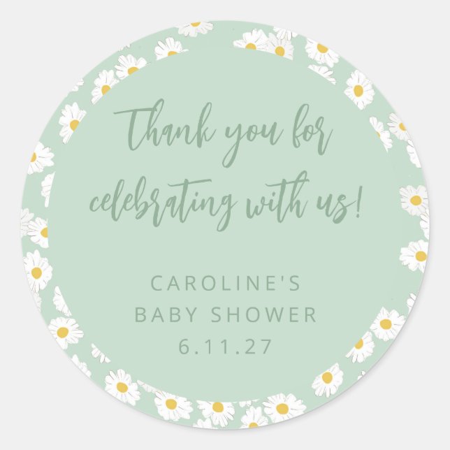 Boho Sage Daisies Floral Custom Baby Shower Thanks Classic Round Sticker (Front)