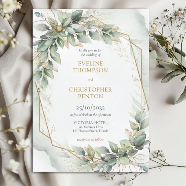 Boho sage eucalyptus leaves gold glitter wedding invitation (Boho Eucalyptus greenery branches faux gold frame wedding invitation template)
