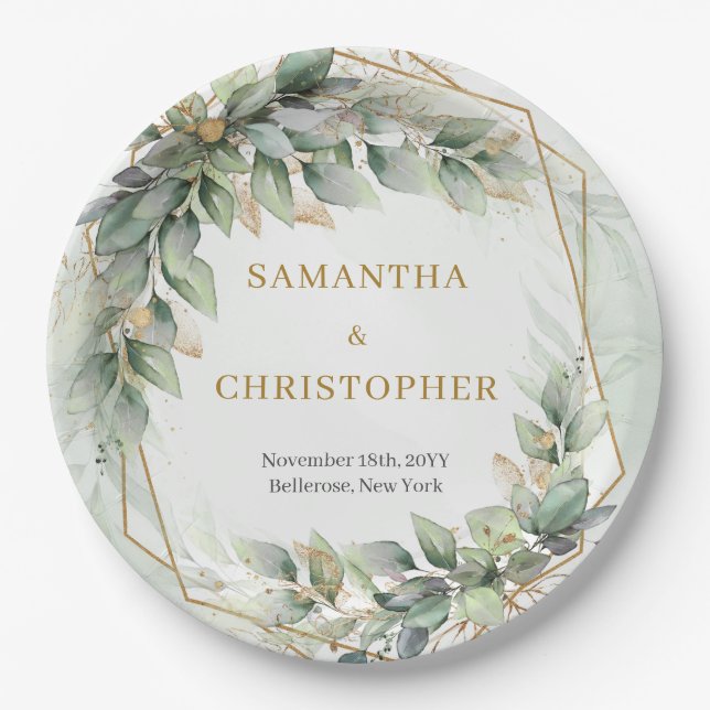 Boho sage eucalyptus leaves gold glitter wedding paper plate (Front)