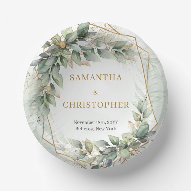 Boho sage eucalyptus leaves gold glitter wedding paper plate (Front)