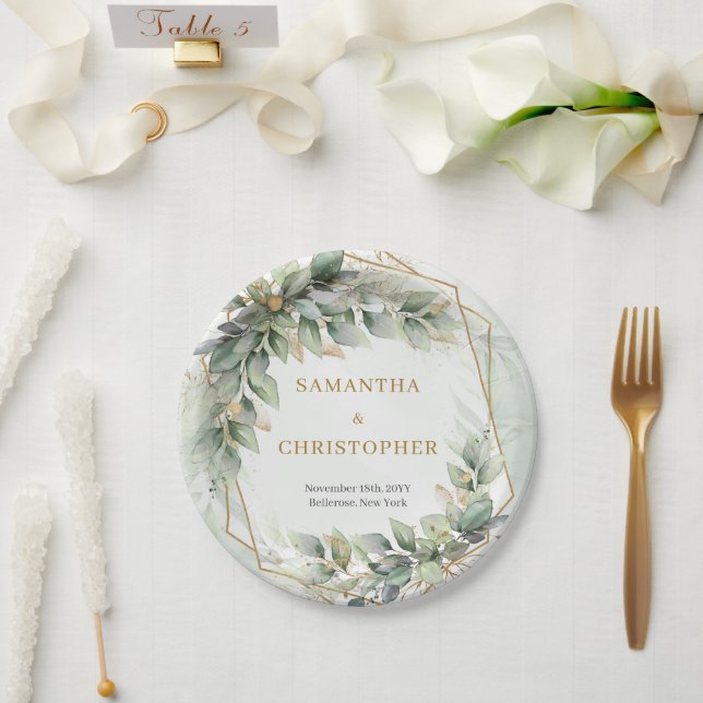 Boho sage eucalyptus leaves gold glitter wedding paper plate (Wedding)