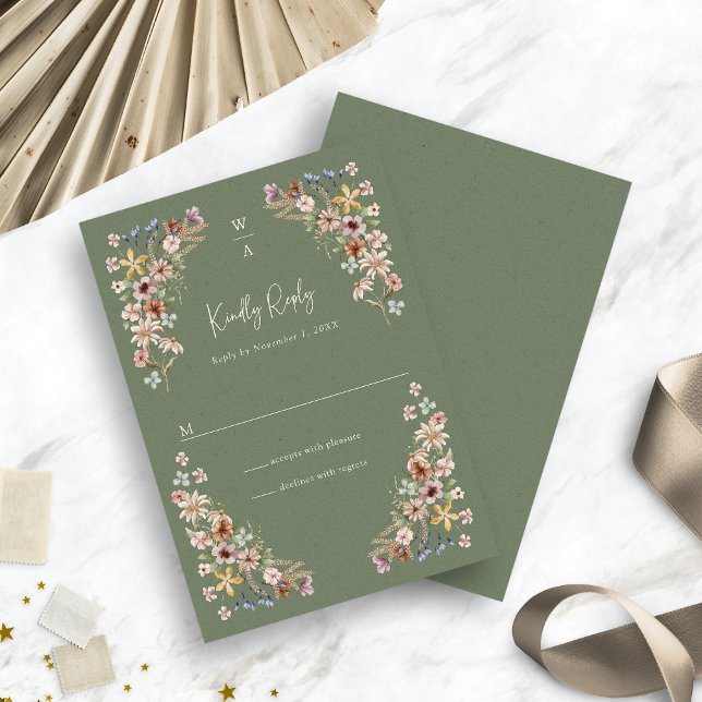 Boho Sage Floral RSVP Card (Watercolor Boho Sage Green Floral RSVP Card by Painted Paperie
)