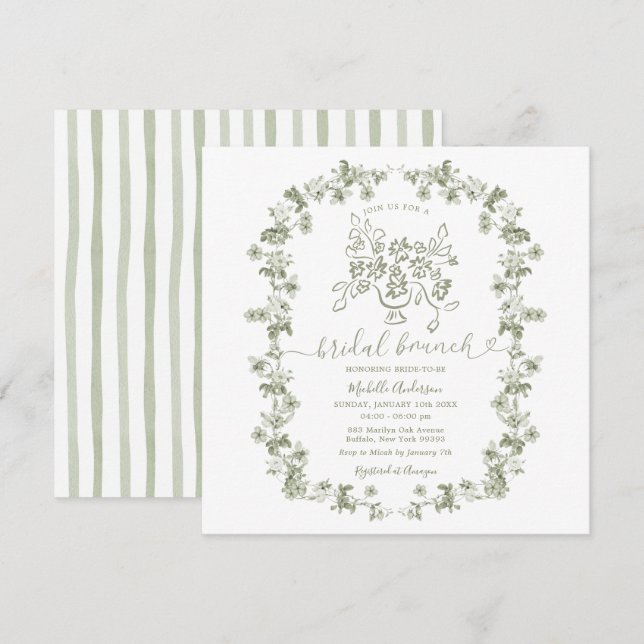 Boho Sage Floral Stripes Bow Bridal Brunch Invitation (Front/Back)