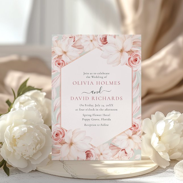 Boho Sage Green and Blush Pink Floral Wedding  Invitation (Boho Sage Green and Blush Pink Floral Wedding Invitation on an elegant table with white peonies)