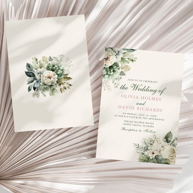 Boho Sage Green and Ivory Floral Wedding Invitation (Boho Sage Green and Ivory Floral Wedding Invitation on a sunny neutral dry palm leaf.)