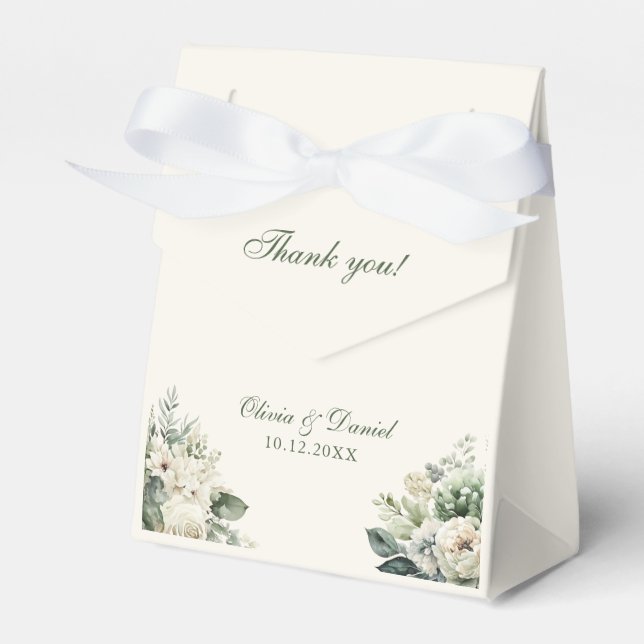 Boho Sage Green and Ivory Flowers Wedding Favour Box (Front Side)
