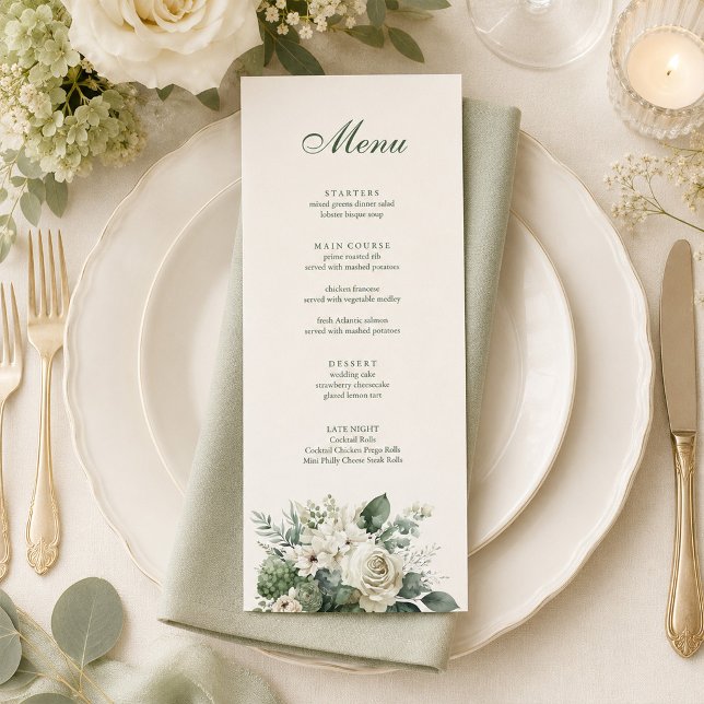 Boho Sage Green and Ivory Flowers Wedding Menu (Boho Sage Green and Ivory Flowers Wedding Menu on an elegant wedding dinner table with flowers)