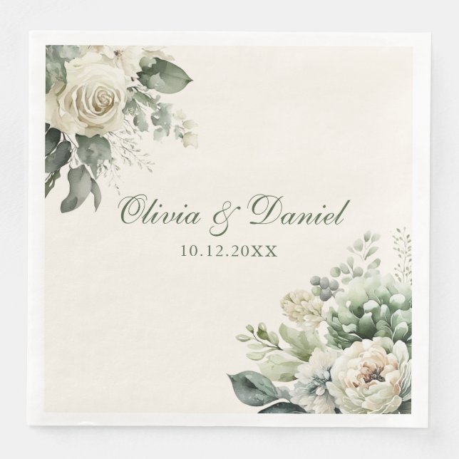 Boho Sage Green and Ivory Flowers Wedding Napkin (Front)