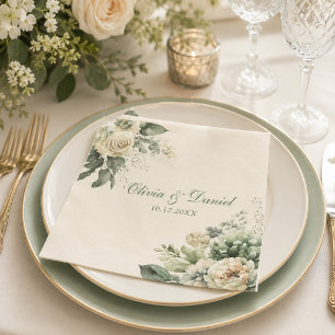 Boho Sage Green and Ivory Flowers Wedding Napkin
