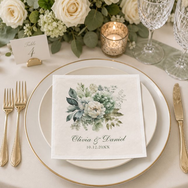 Boho Sage Green and Ivory Flowers Wedding Napkin (Boho Sage Green and Ivory Flowers Wedding Napkin on a wedding dinner table with flowers and candle)