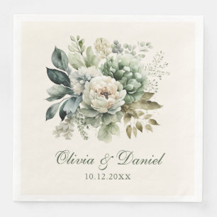 Boho Sage Green and Ivory Flowers Wedding Napkin
