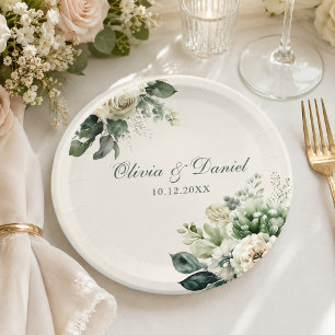 Boho Sage Green and Ivory Flowers Wedding Paper Plate