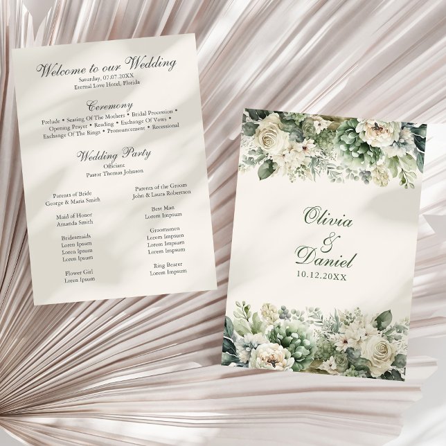 Boho Sage Green and Ivory Flowers Wedding Program Programme (Boho Sage Green and Ivory Flowers Wedding Program on a sunny neutral dry palm leaf.)