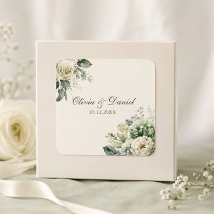 Boho Sage Green and Ivory Flowers Wedding Square Sticker