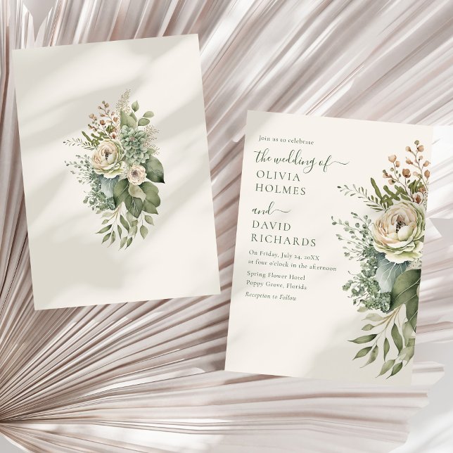 Boho Sage Green and Ivory Widlflowers Wedding Invitation (Boho Sage Green and Ivory Widlflowers Wedding Invitation on a sunny white dry palm leaf.)