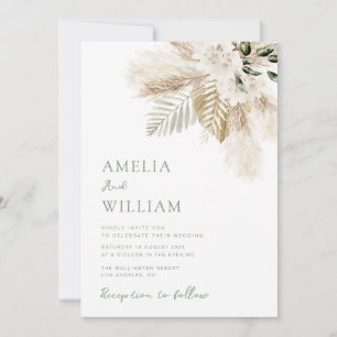 boho sage green and pampas grass wedding invitation